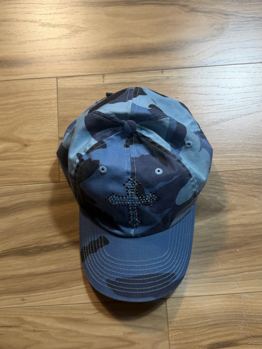 Blue Camo Baseball Cap with Rhinestone Cross - Picture 3 of 6